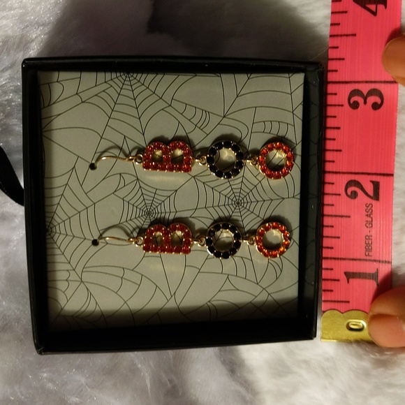 NWOT Gold Toned Orange &  Black Bejeweled "BOO" Metallic Drop Dangle Earrings - Picture 7 of 8